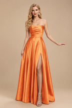 Rutipo Orange Strapless A-Line Satin Slit Evening Dresses