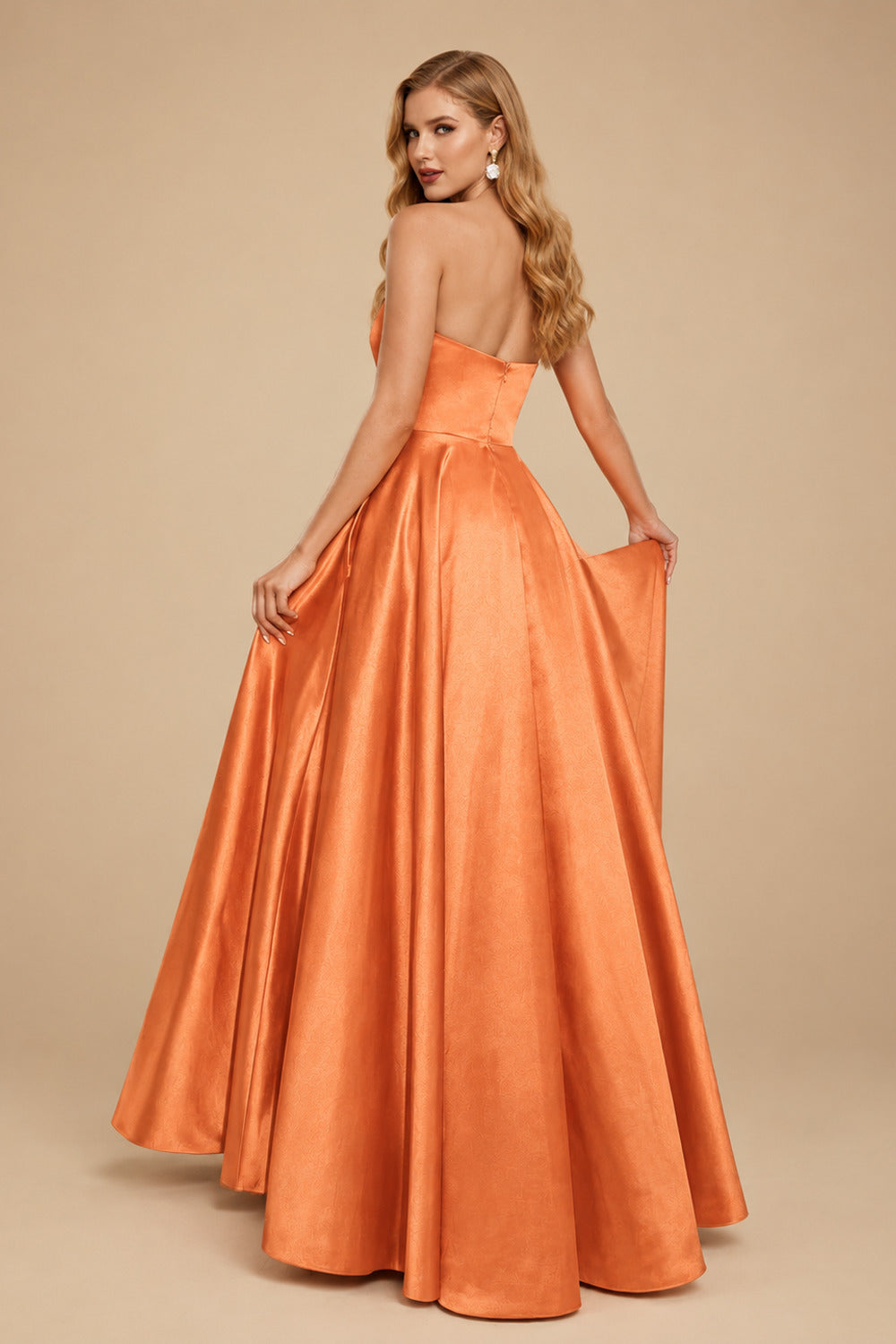 Rutipo Orange Strapless A-Line Satin Slit Evening Dresses