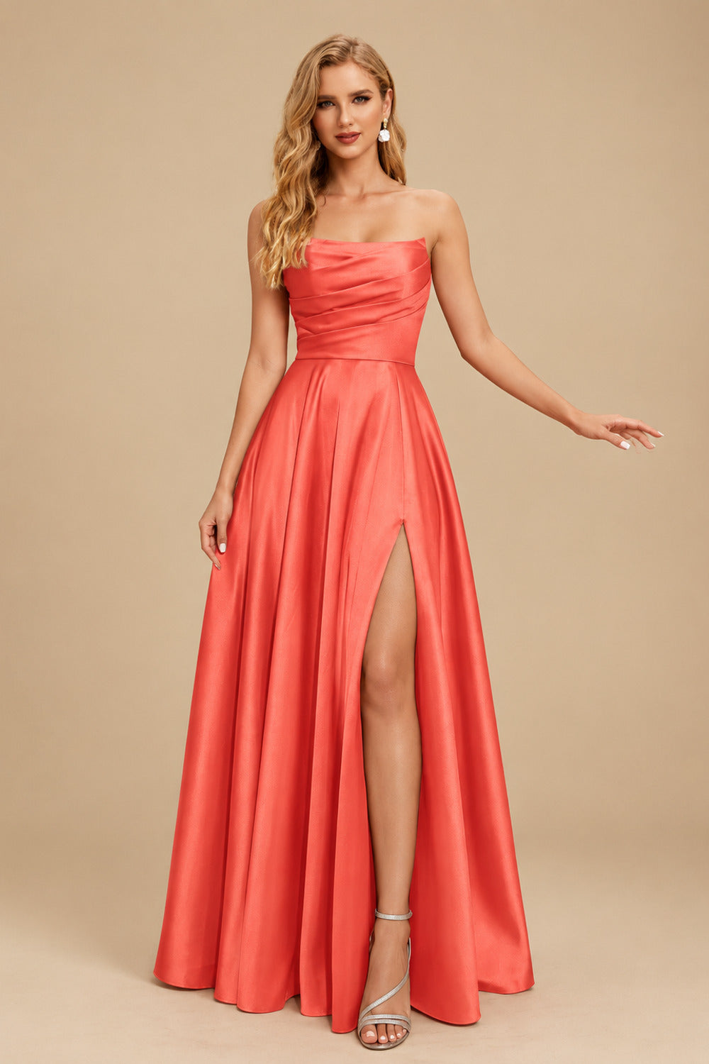 Rutipo Papaya Strapless A-Line Satin Slit Evening Dresses