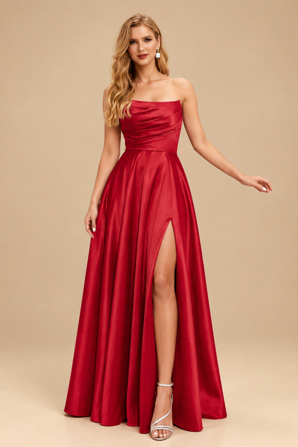Rutipo Red Strapless A-Line Satin Slit Evening Dresses