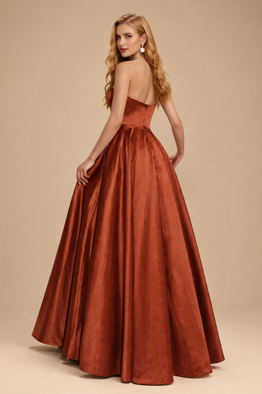 Rutipo Terracotta Strapless A-Line Satin Slit Evening Dresses