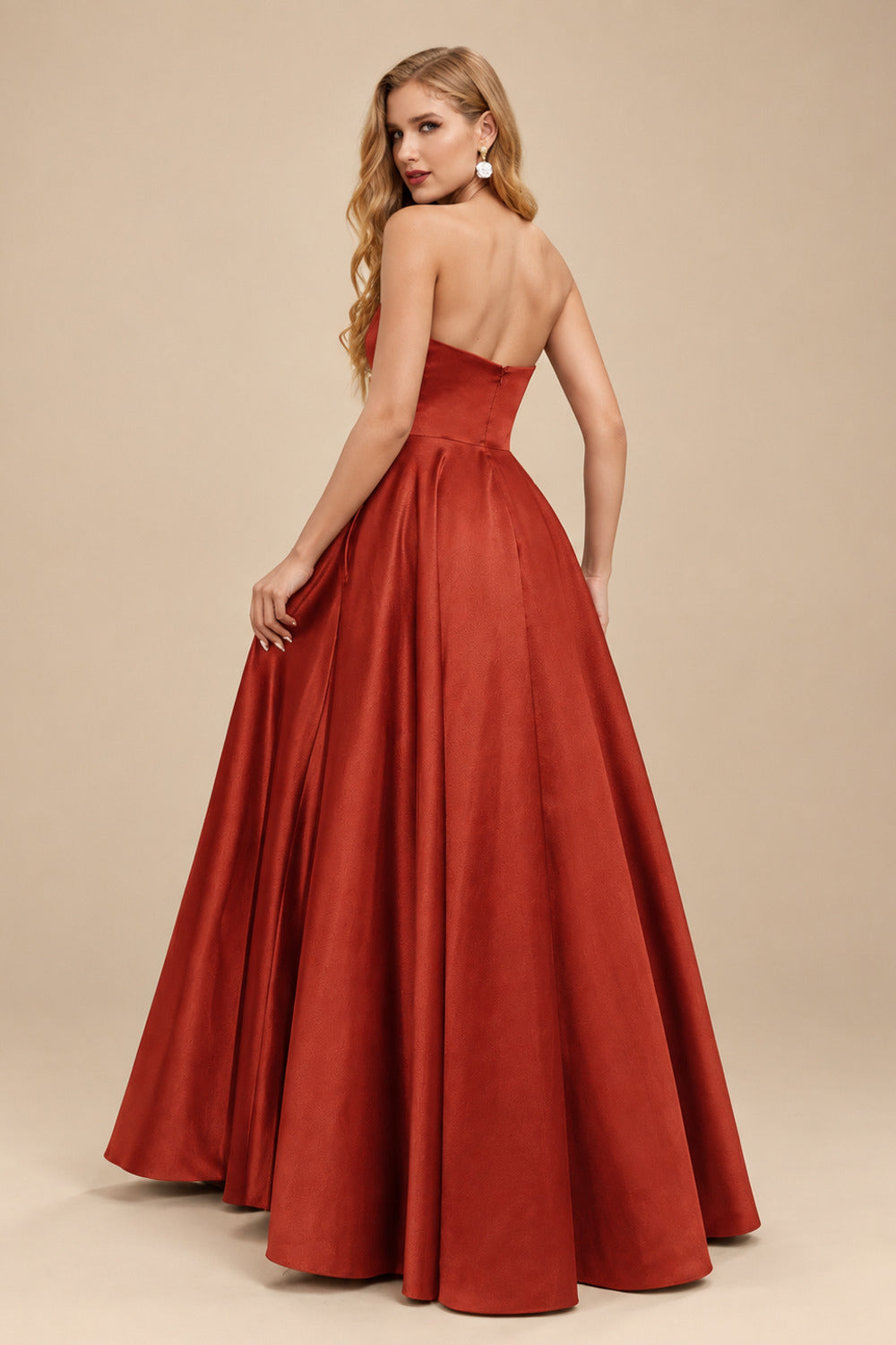 Rutipo Vermilion Strapless A-Line Satin Slit Evening Dresses