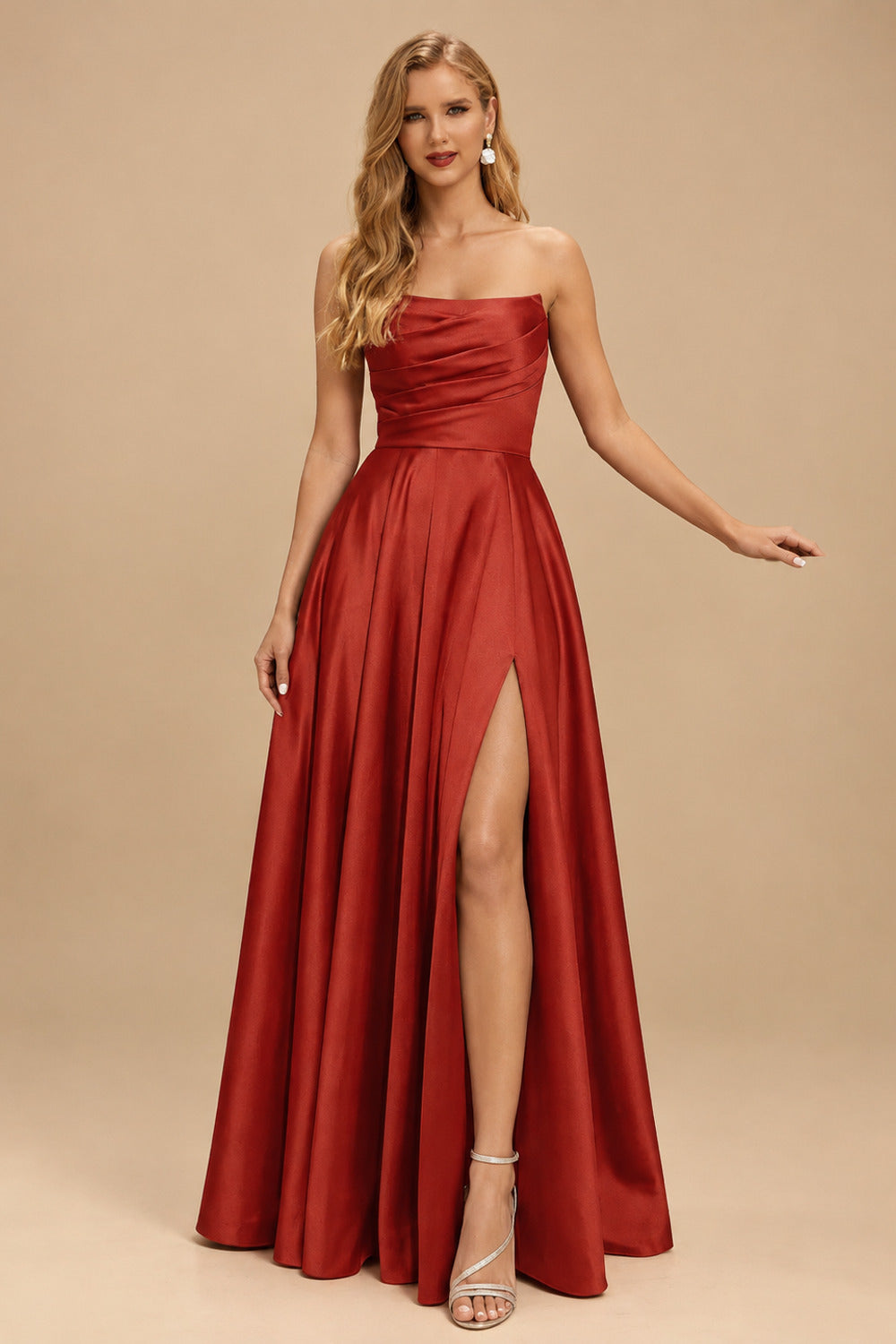 Rutipo Vermilion Strapless A-Line Satin Slit Evening Dresses