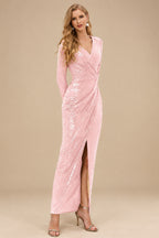 Rutipo Blushing Pink Sheath/Column V-Neck Long Sleeves Ankle-Length Sequined Evening Dresses