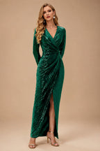 Rutipo Emerald Sheath/Column V-Neck Long Sleeves Ankle-Length Sequined Evening Dresses