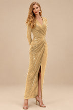Rutipo Gold Sheath/Column V-Neck Long Sleeves Ankle-Length Sequined Evening Dresses