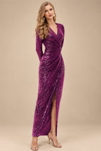 Rutipo Orchid Sheath/Column V-Neck Long Sleeves Ankle-Length Sequined Evening Dresses