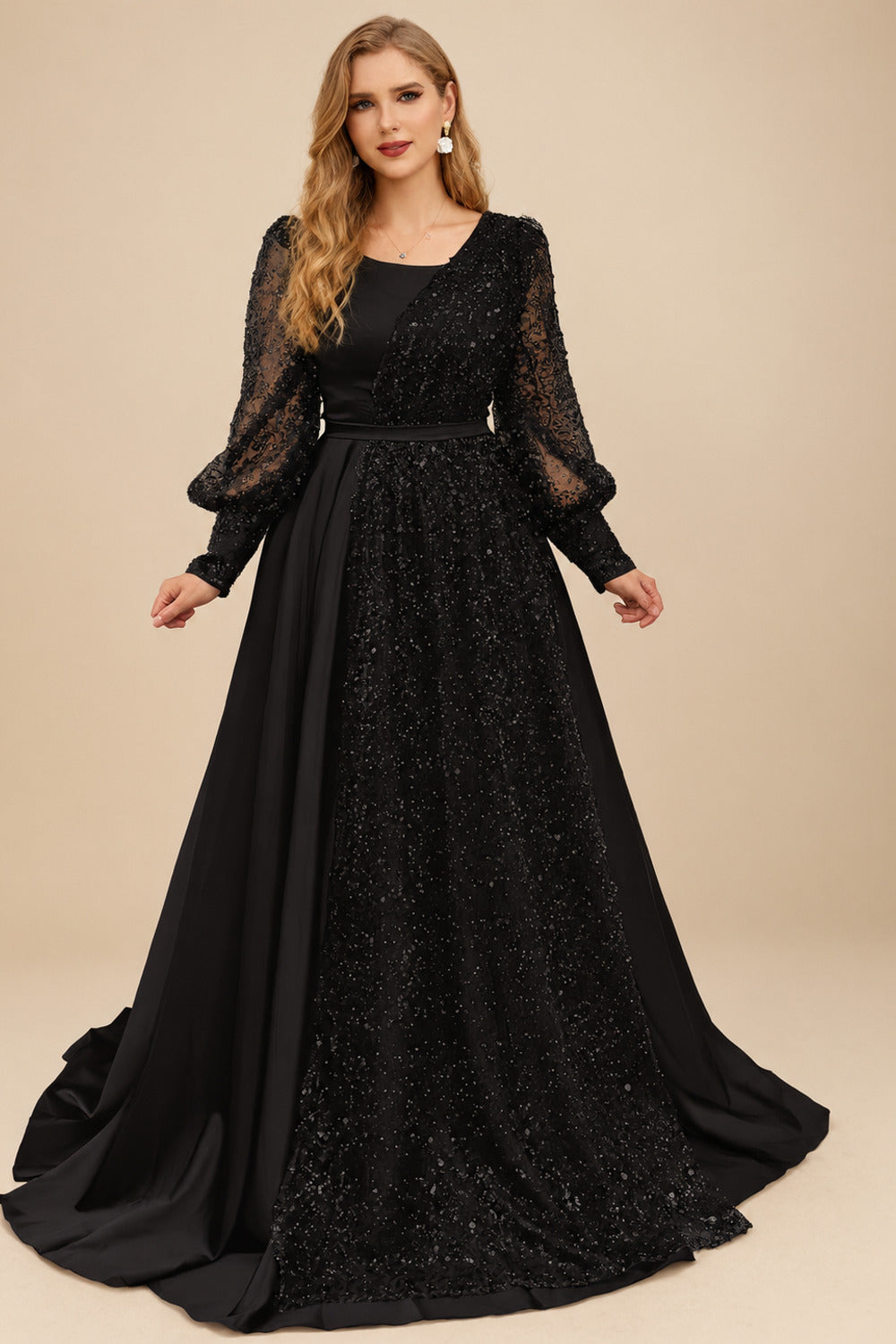 Rutipo Black Square Neckline Long Sleeves Sequined A-Line Evening Dresses