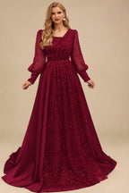 Rutipo Burgundy Square Neckline Long Sleeves Sequined A-Line Evening Dresses