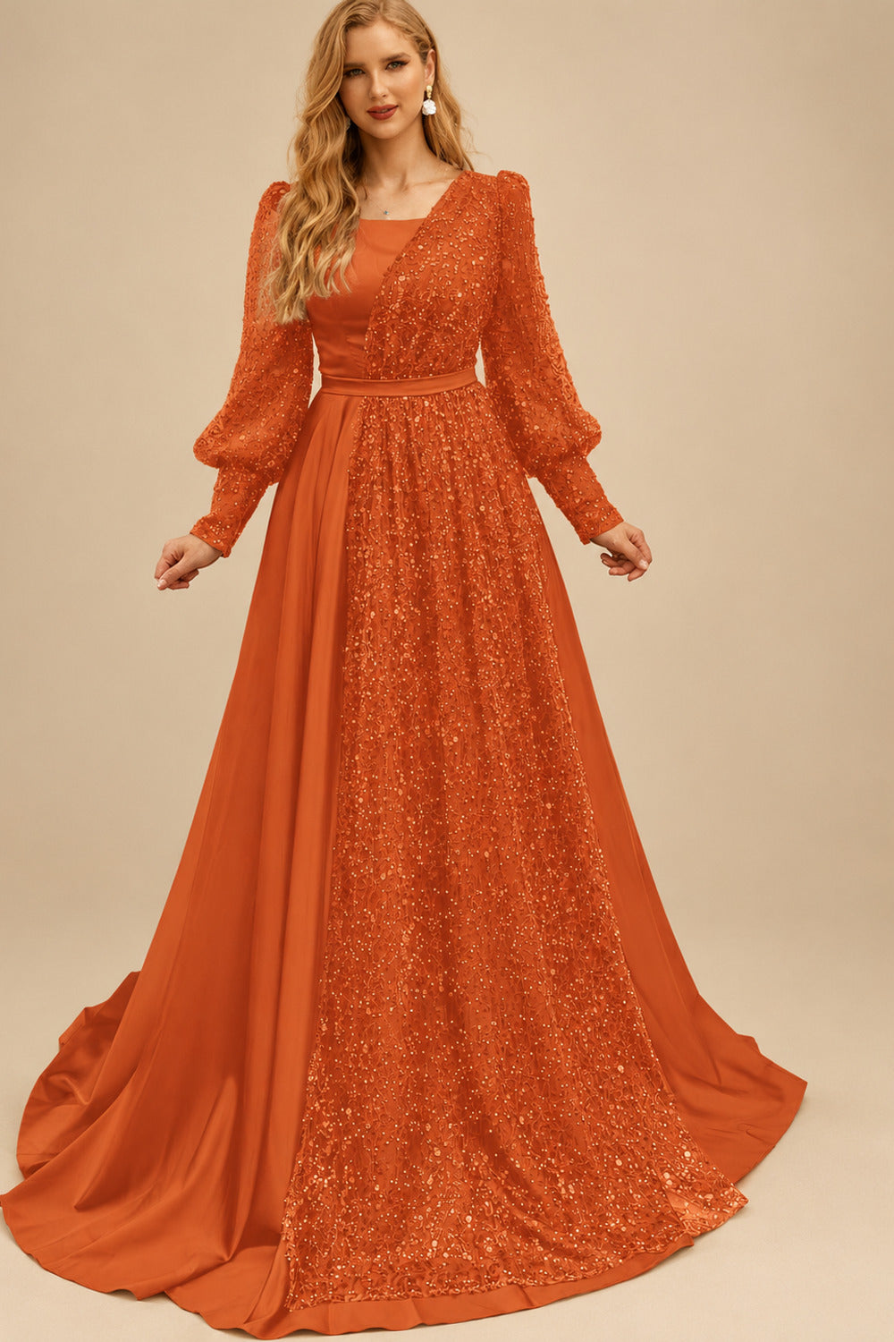 Rutipo Burnt Orange Square Neckline Long Sleeves Sequined A-Line Evening Dresses