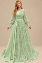 Rutipo Celadon Square Neckline Long Sleeves Sequined A-Line Evening Dresses