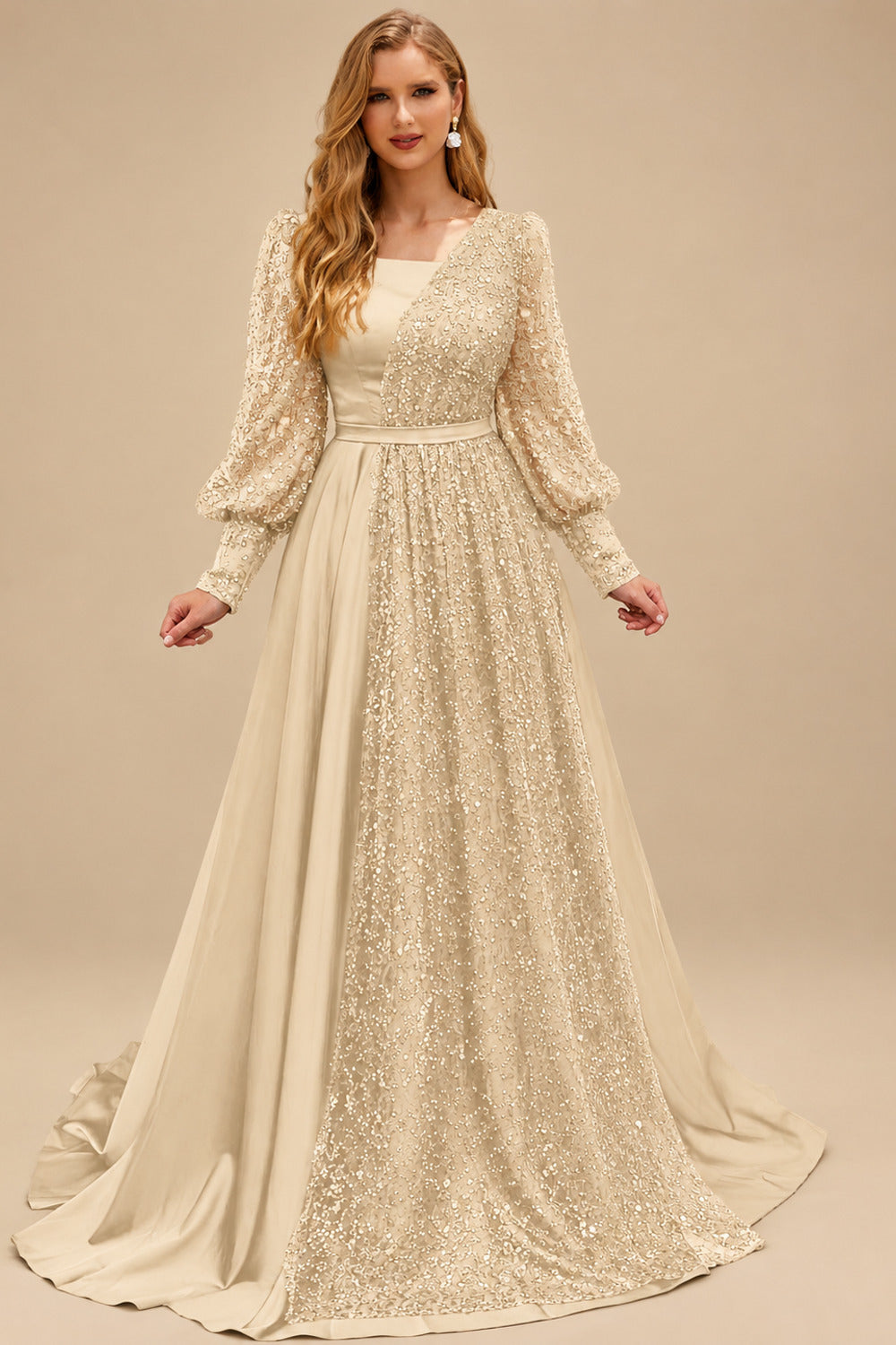 Rutipo Champagne Square Neckline Long Sleeves Sequined A-Line Evening Dresses