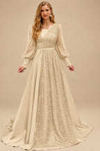 Rutipo Champagne Square Neckline Long Sleeves Sequined A-Line Evening Dresses