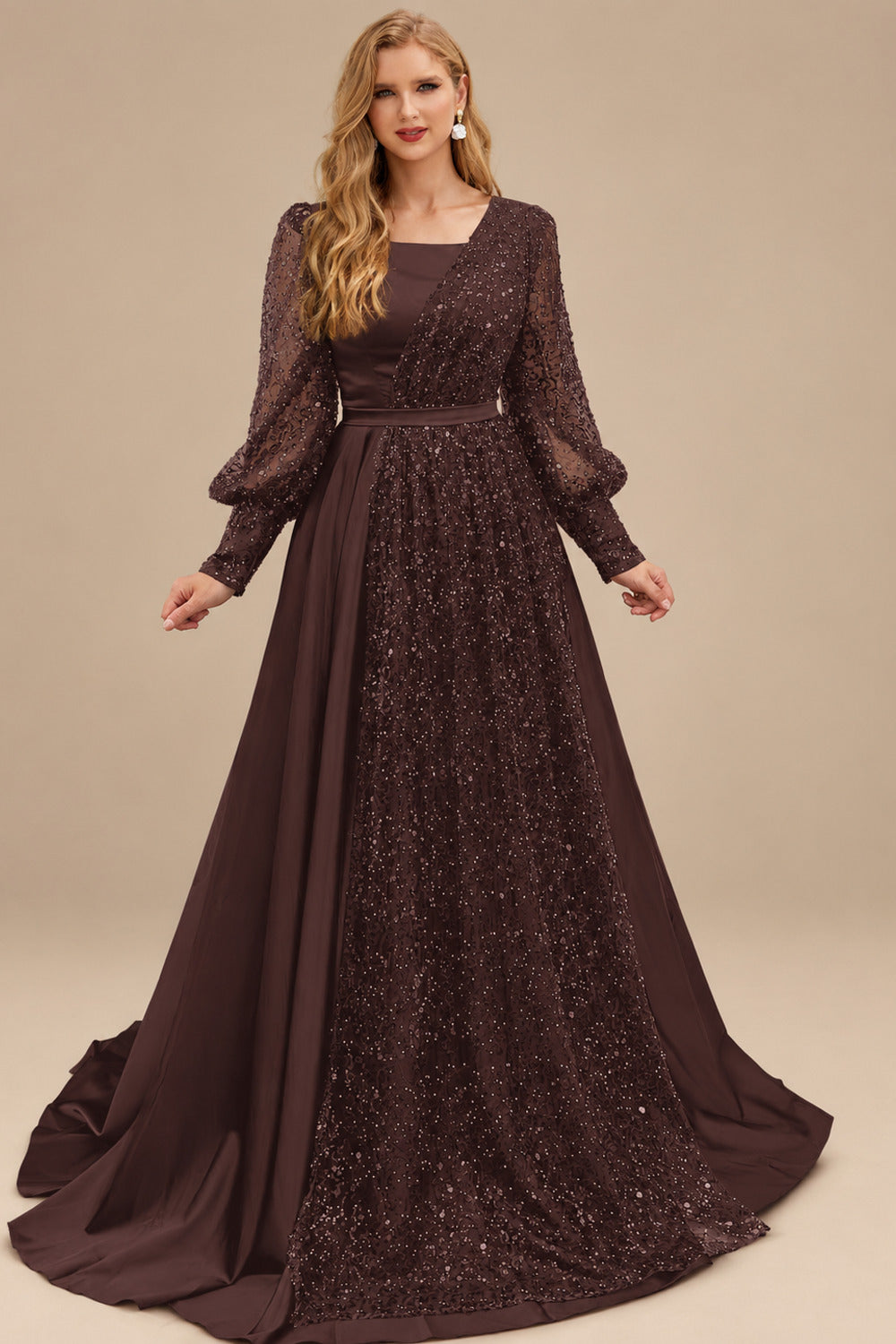 Rutipo Chocolate Square Neckline Long Sleeves Sequined A-Line Evening Dresses
