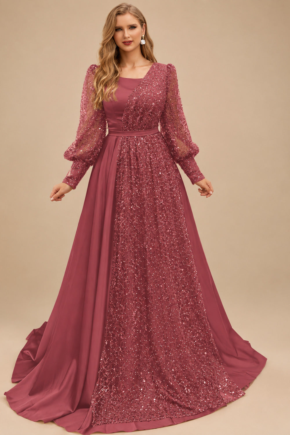 Rutipo Cinnamon Rose Square Neckline Long Sleeves Sequined A-Line Evening Dresses