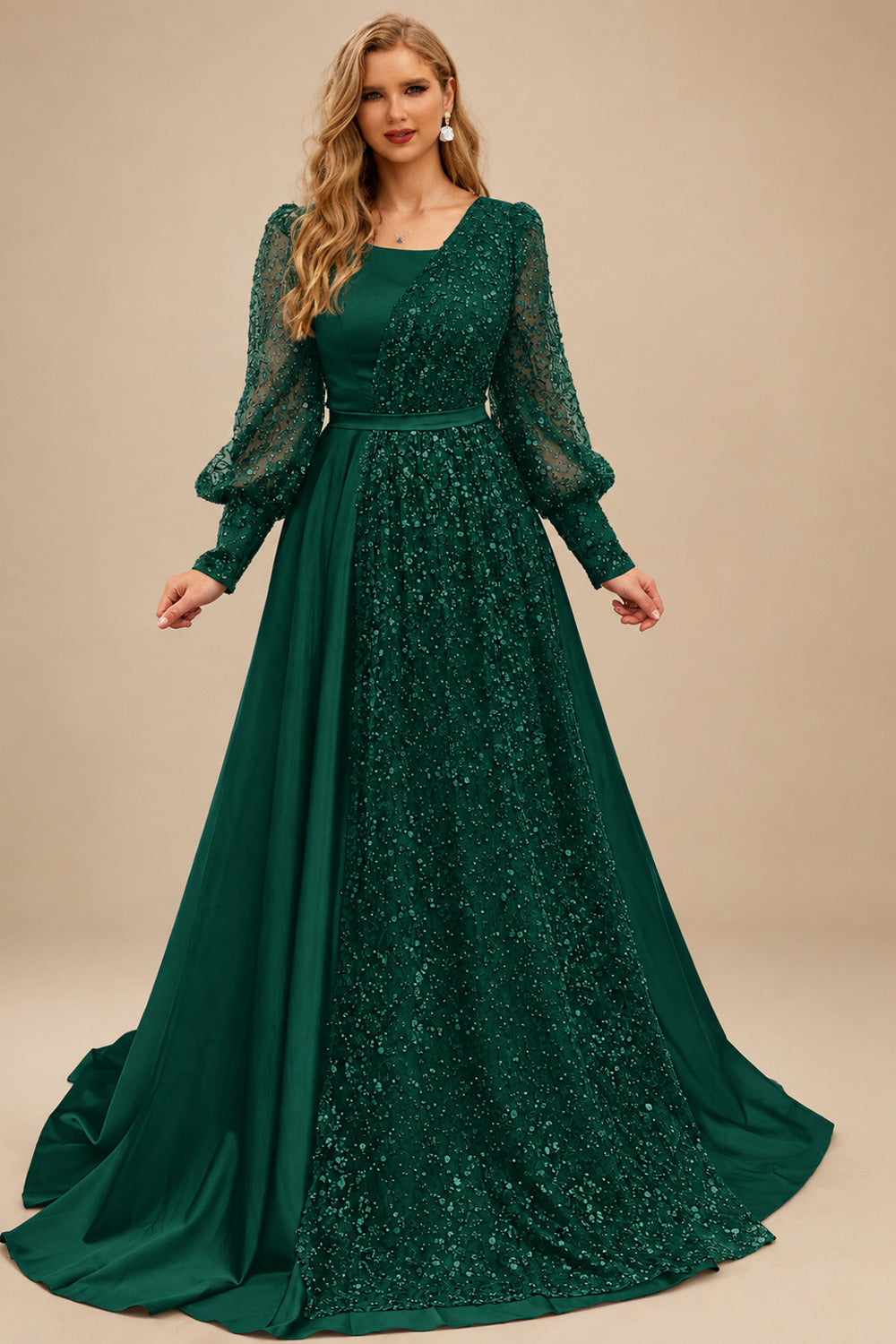 Rutipo Dark Green Square Neckline Long Sleeves Sequined A-Line Evening Dresses