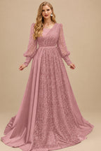 Rutipo Dusty Rose Square Neckline Long Sleeves Sequined A-Line Evening Dresses