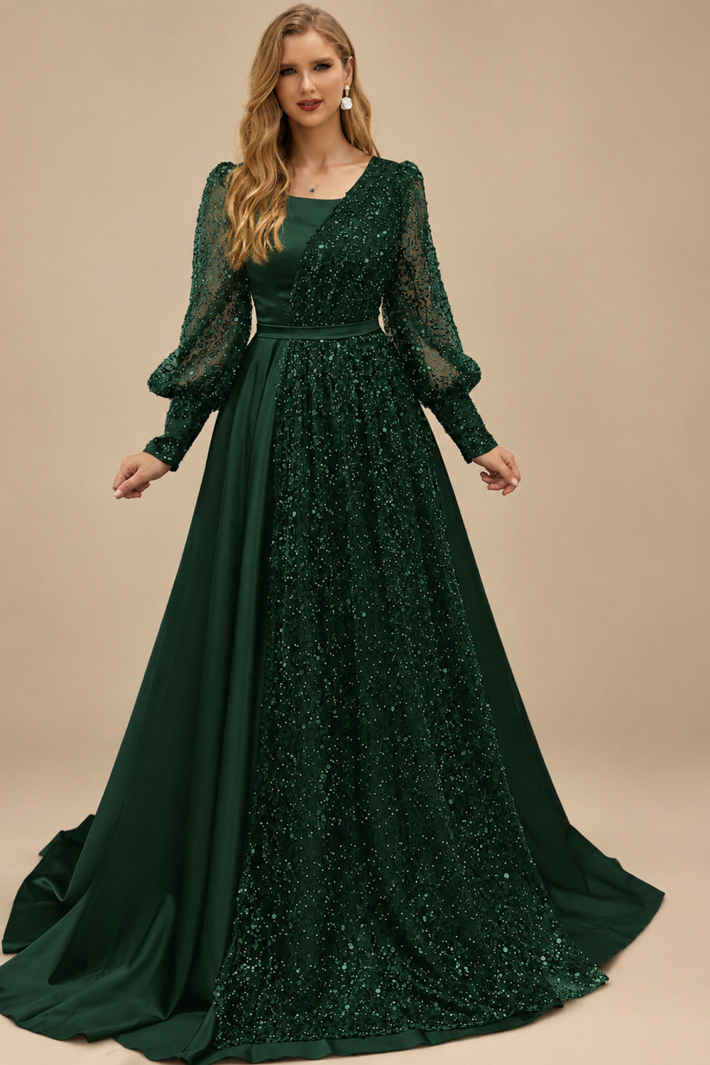 Rutipo Hunter Green Square Neckline Long Sleeves Sequined A-Line Evening Dresses