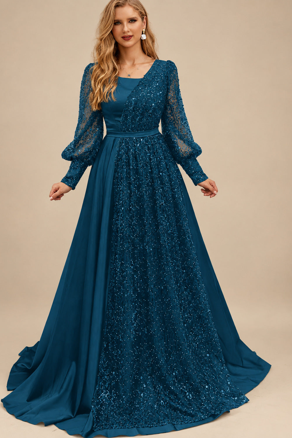 Rutipo Ink Blue Square Neckline Long Sleeves Sequined A-Line Evening Dresses