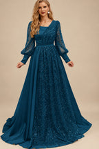 Rutipo Ink Blue Square Neckline Long Sleeves Sequined A-Line Evening Dresses