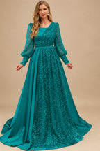 Rutipo Jade Square Neckline Long Sleeves Sequined A-Line Evening Dresses