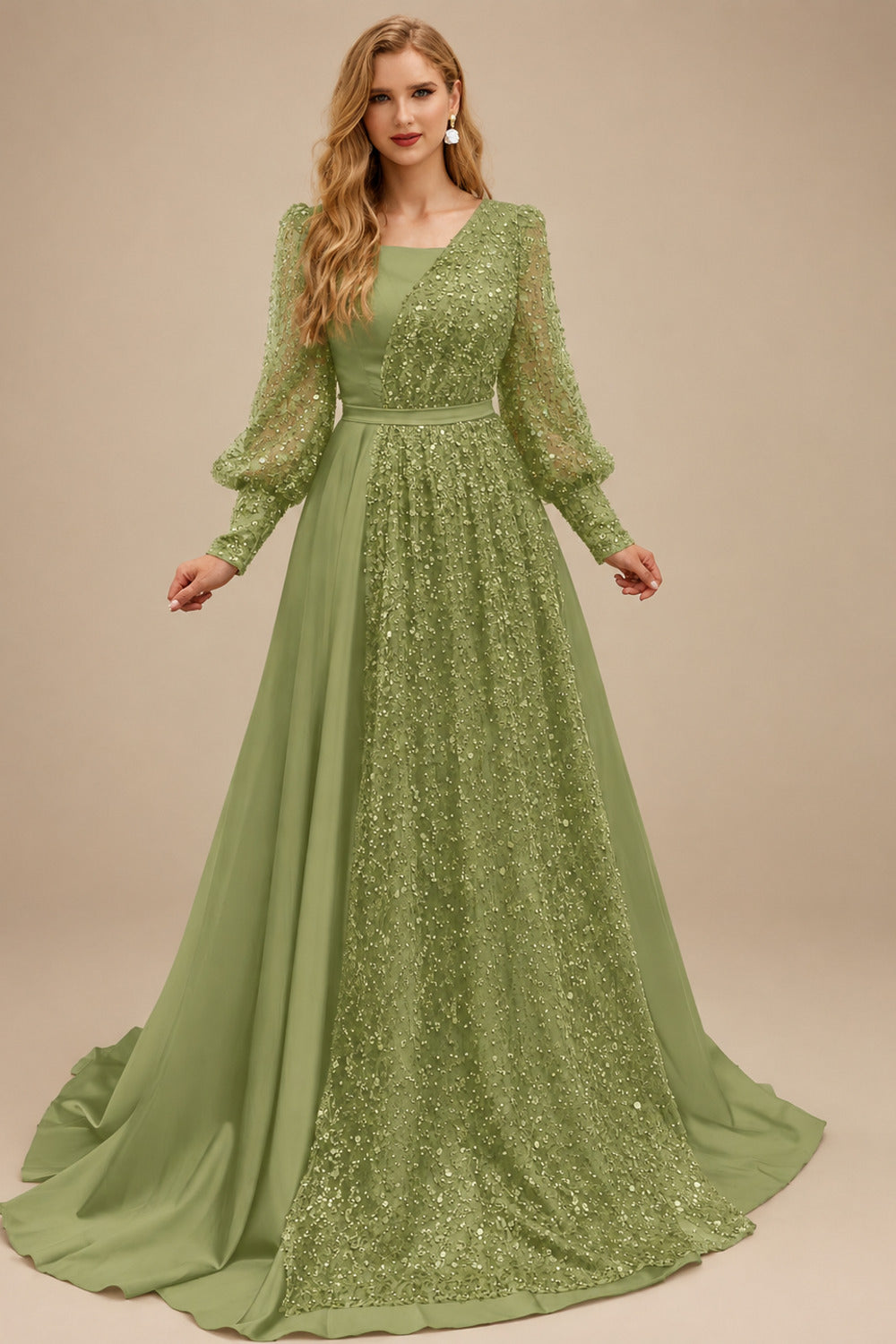Rutipo Moss Green Square Neckline Long Sleeves Sequined A-Line Evening Dresses
