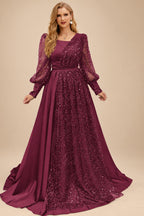 Rutipo Mulberry Square Neckline Long Sleeves Sequined A-Line Evening Dresses