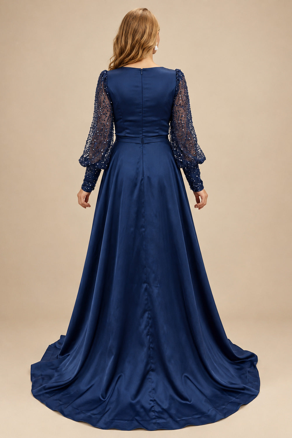 Rutipo Navy Blue Square Neckline Long Sleeves Sequined A-Line Evening Dresses