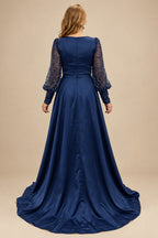 Rutipo Navy Blue Square Neckline Long Sleeves Sequined A-Line Evening Dresses