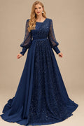 Rutipo Navy Blue Square Neckline Long Sleeves Sequined A-Line Evening Dresses