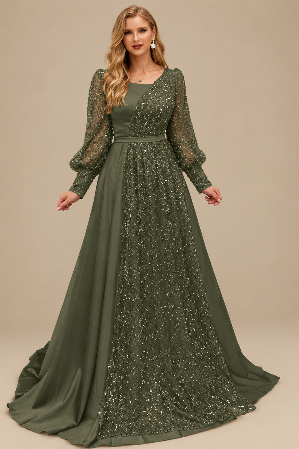 Rutipo Olive Green Square Neckline Long Sleeves Sequined A-Line Evening Dresses
