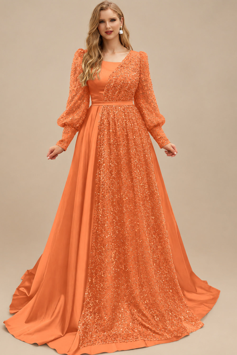 Rutipo Orange Square Neckline Long Sleeves Sequined A-Line Evening Dresses