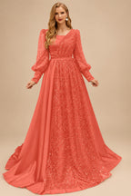 Rutipo Papaya Square Neckline Long Sleeves Sequined A-Line Evening Dresses