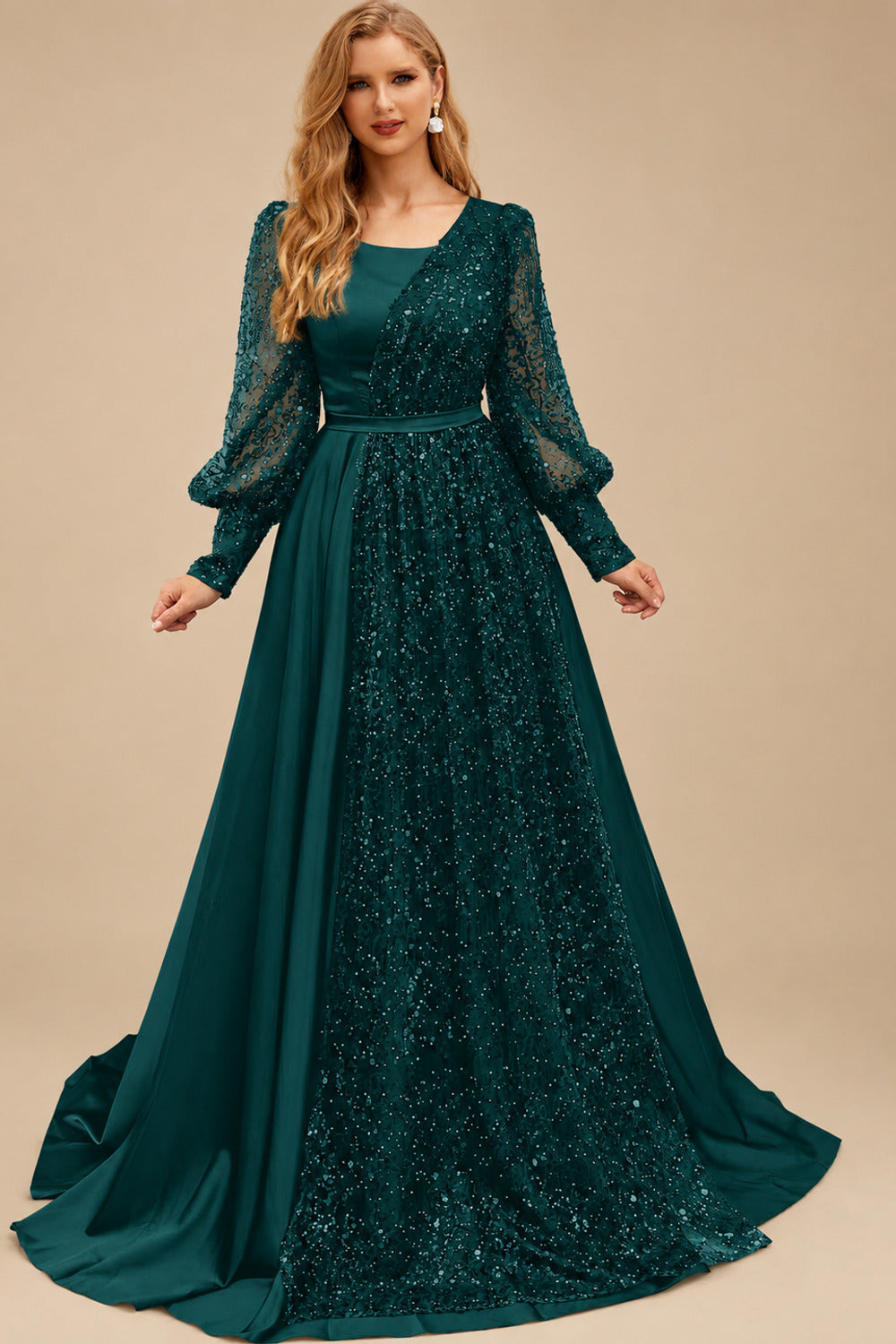 Rutipo Peacock Square Neckline Long Sleeves Sequined A-Line Evening Dresses