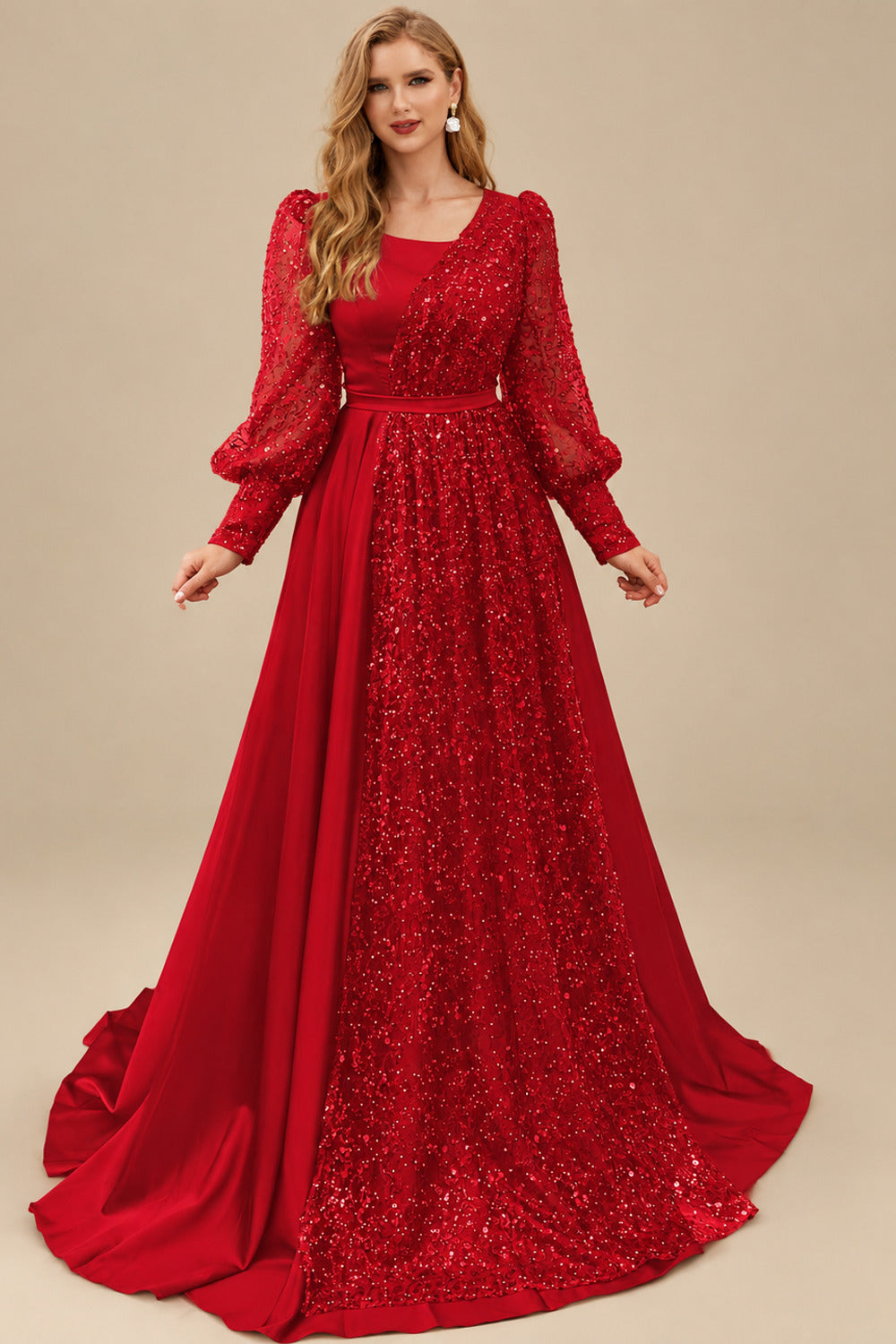 Rutipo Red Square Neckline Long Sleeves Sequined A-Line Evening Dresses