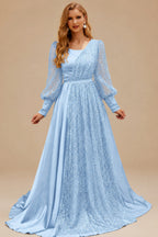 Rutipo Sky Blue Square Neckline Long Sleeves Sequined A-Line Evening Dresses
