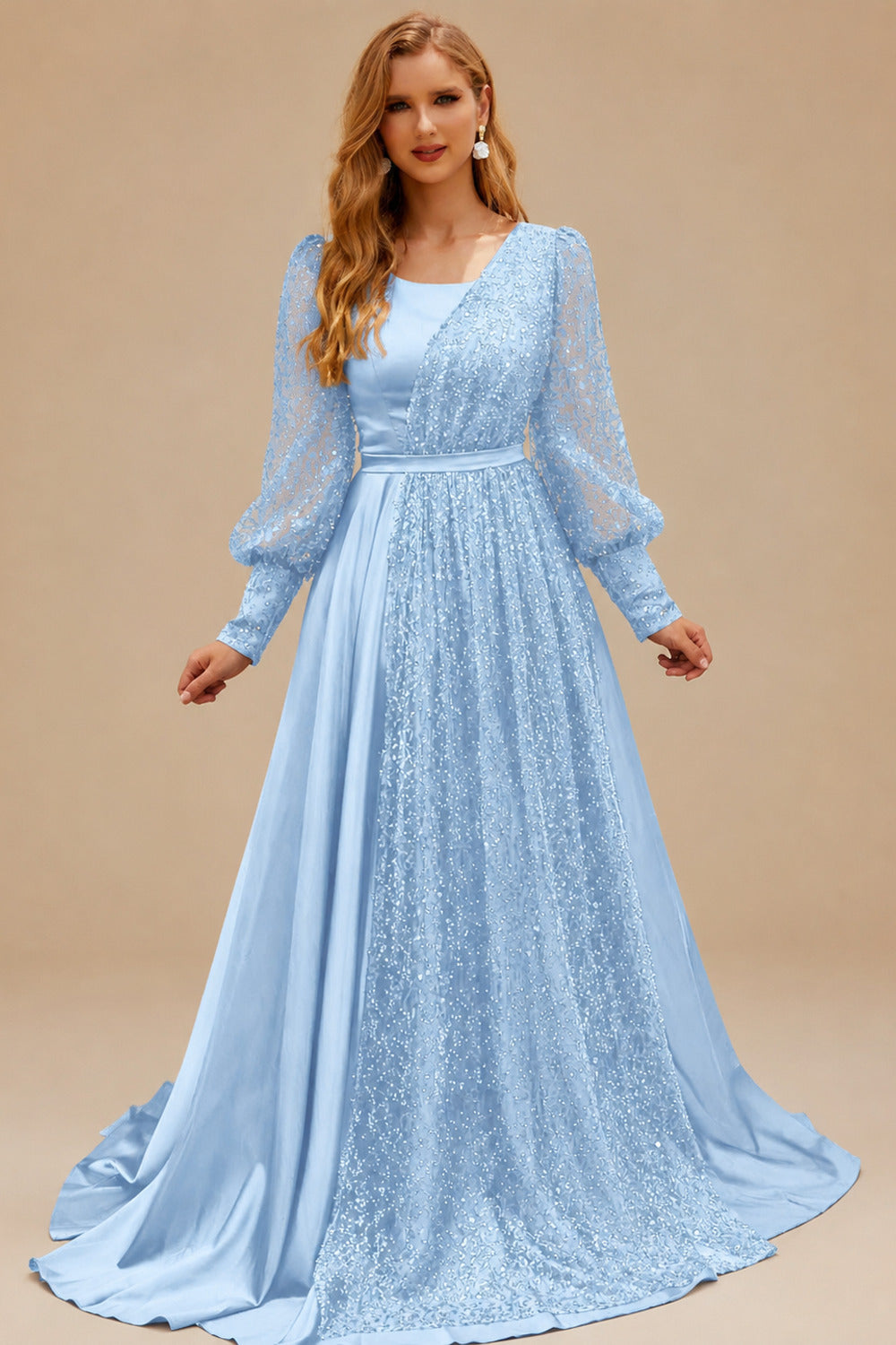 Rutipo Sky Blue Square Neckline Long Sleeves Sequined A-Line Evening Dresses