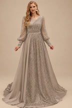 Rutipo Taupe Square Neckline Long Sleeves Sequined A-Line Evening Dresses
