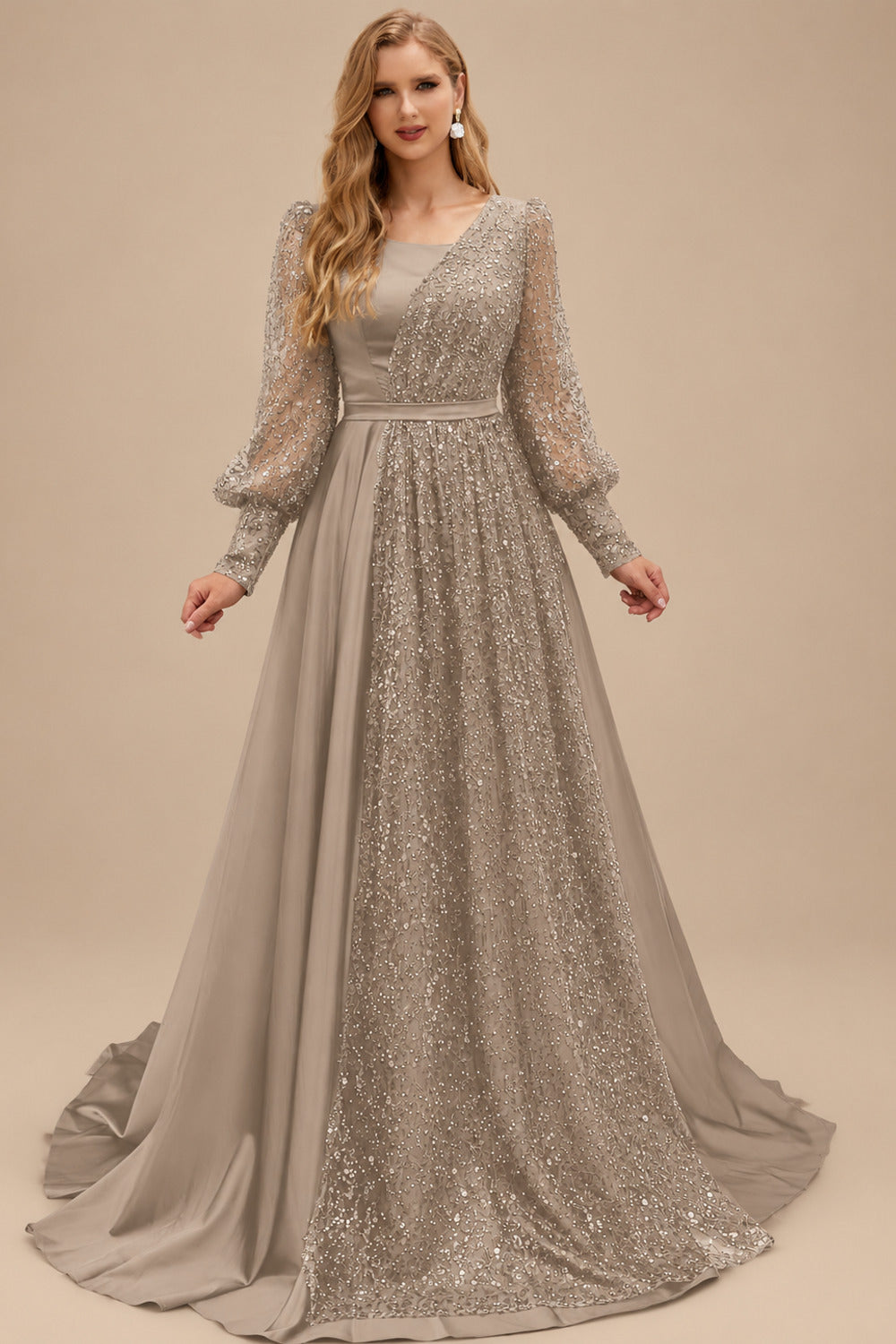 Rutipo Taupe Square Neckline Long Sleeves Sequined A-Line Evening Dresses