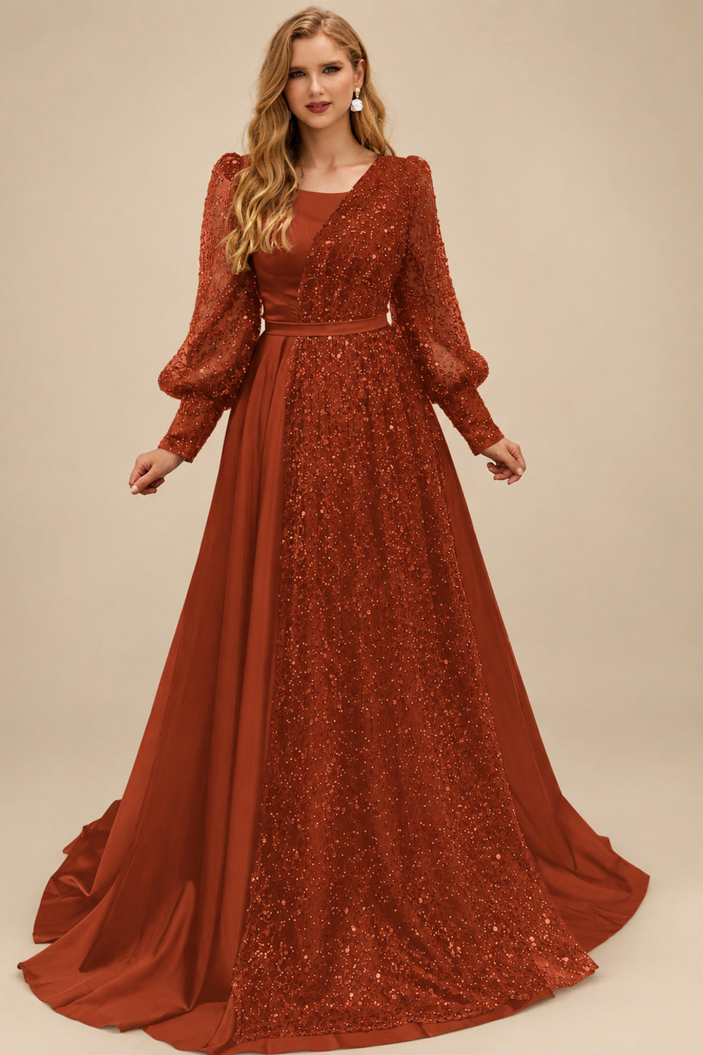 Rutipo Terracotta Square Neckline Long Sleeves Sequined A-Line Evening Dresses