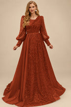 Rutipo Terracotta Square Neckline Long Sleeves Sequined A-Line Evening Dresses