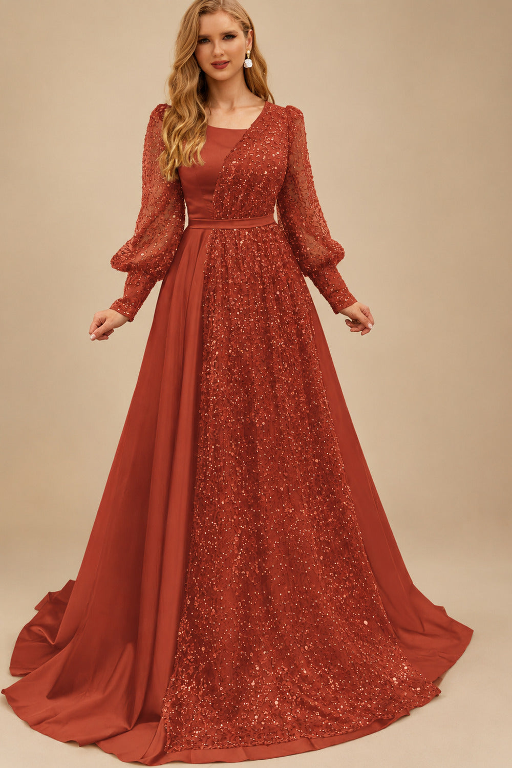 Rutipo Vermilion Square Neckline Long Sleeves Sequined A-Line Evening Dresses