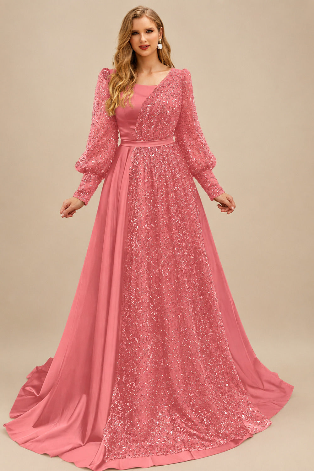 Rutipo Watermelon Square Neckline Long Sleeves Sequined A-Line Evening Dresses