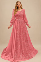 Rutipo Watermelon Square Neckline Long Sleeves Sequined A-Line Evening Dresses