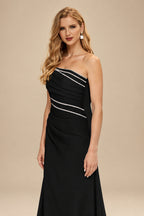 Rutipo Black Flattering Bedazzled One-Shoulder Cap Straps Evening Dress With Split Front