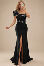 Rutipo Black Flattering Bedazzled One-Shoulder Cap Straps Evening Dress With Split Front