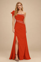 Rutipo Burnt Orange Flattering Bedazzled One-Shoulder Cap Straps Evening Dress With Split Front