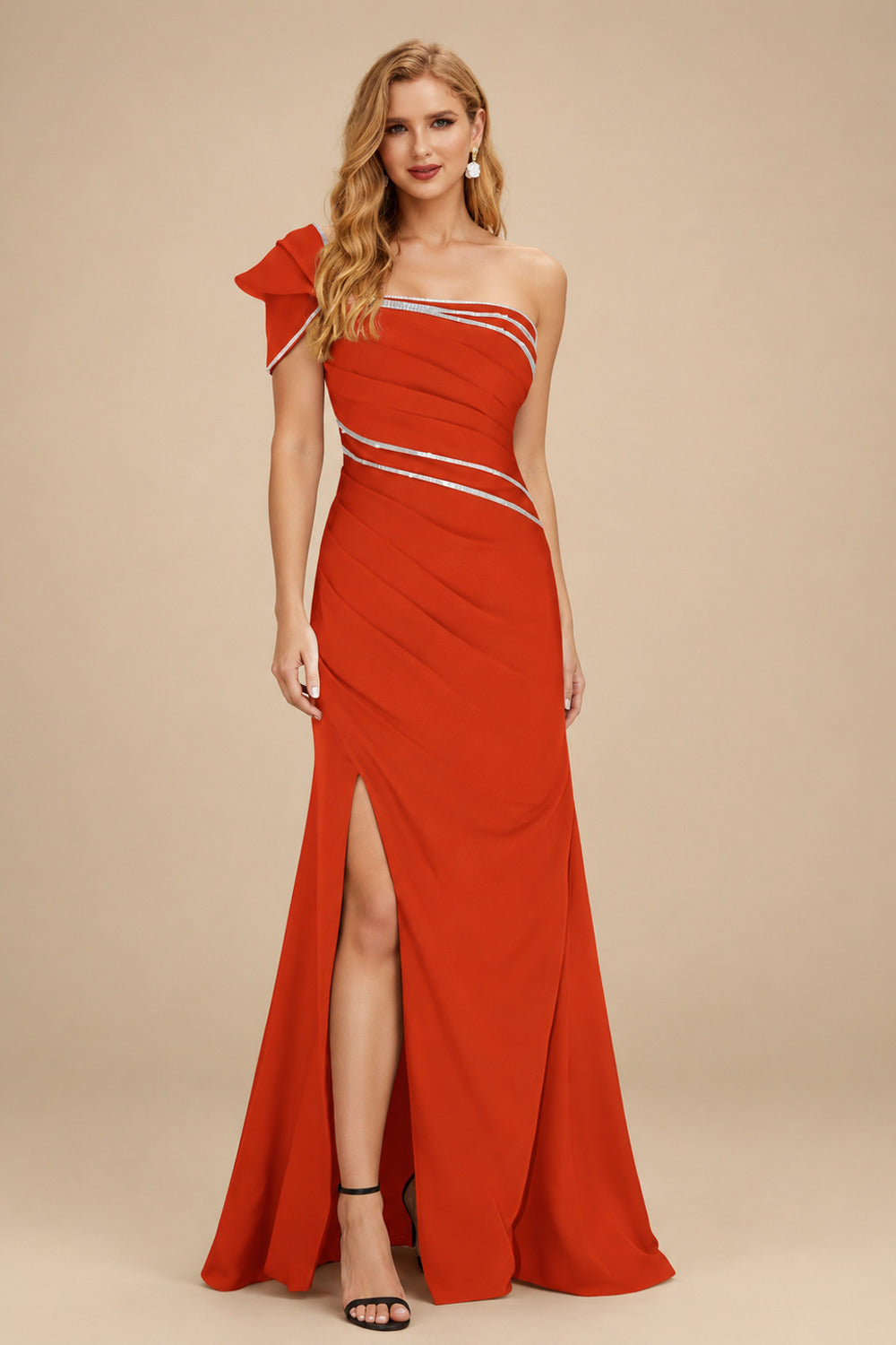 Rutipo Burnt Orange Flattering Bedazzled One-Shoulder Cap Straps Evening Dress With Split Front