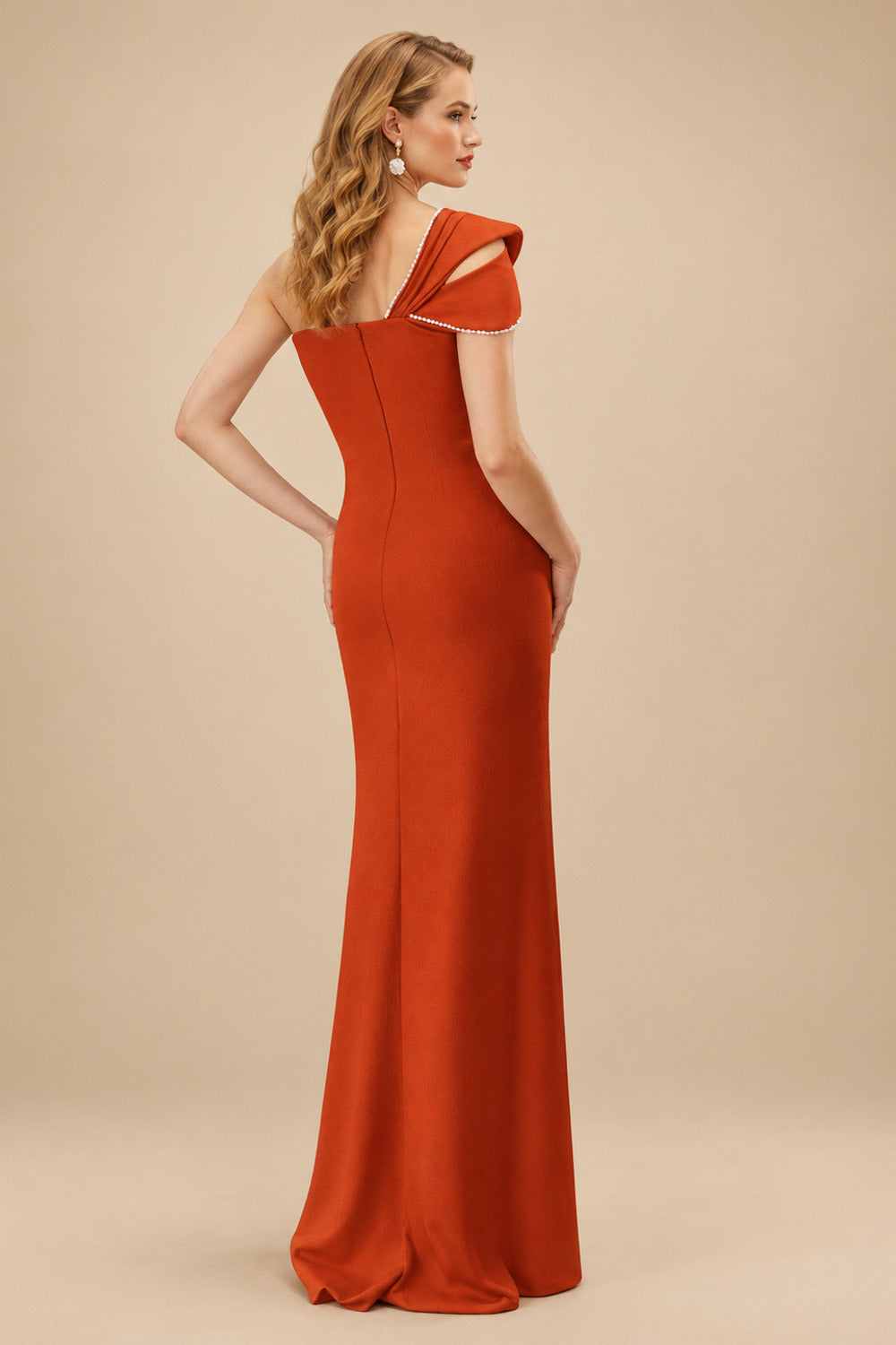 Rutipo Burnt Orange Flattering Bedazzled One-Shoulder Cap Straps Evening Dress With Split Front