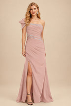 Rutipo Dusty Rose Flattering Bedazzled One-Shoulder Cap Straps Evening Dress With Split Front